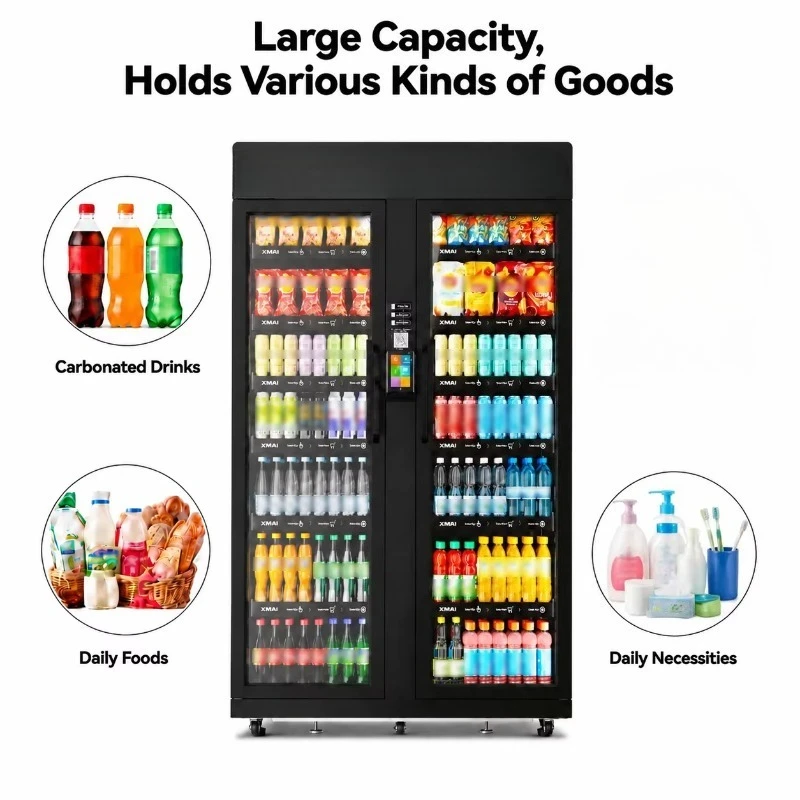 AI Grab Go Vending Machine 53 Cu Ft Double Glass Door 4G Remote Management Beverage Snack Dispenser LED Display Inventory
