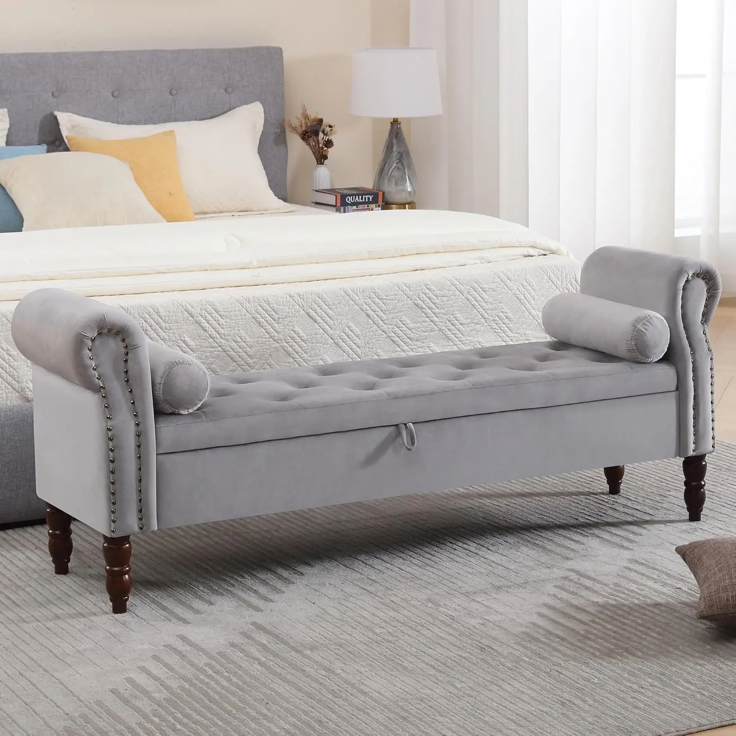 'King Size End of Bed Storage Bench, Velvet Upholstered Tufted with Arms, Grey'