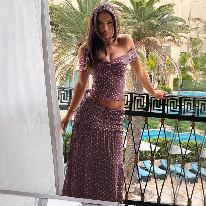 Printed Polka Dot Set with Maxi Length Fresh Sleeveless T Shirt Top and Long Skirt Medium Stretch Sweet Summer for Women