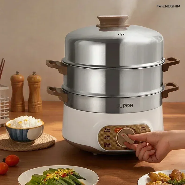 Household multifunctional electric steamer. large capacity and an automatic power - off feature for the steamer pot.