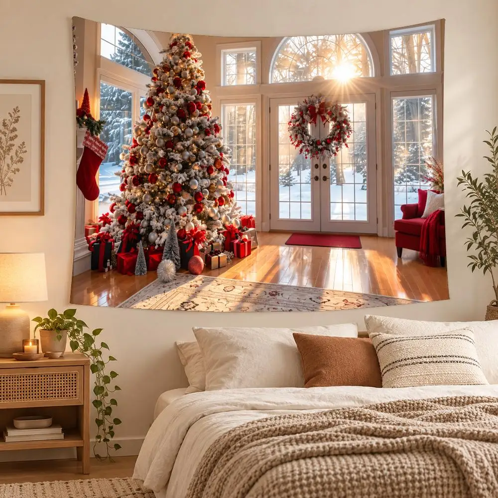 Christmas Tree With Gifts Tapestry Custom Living Bedroom Party Dormitory Interior Wall Bohemian Decoration Attached Clip