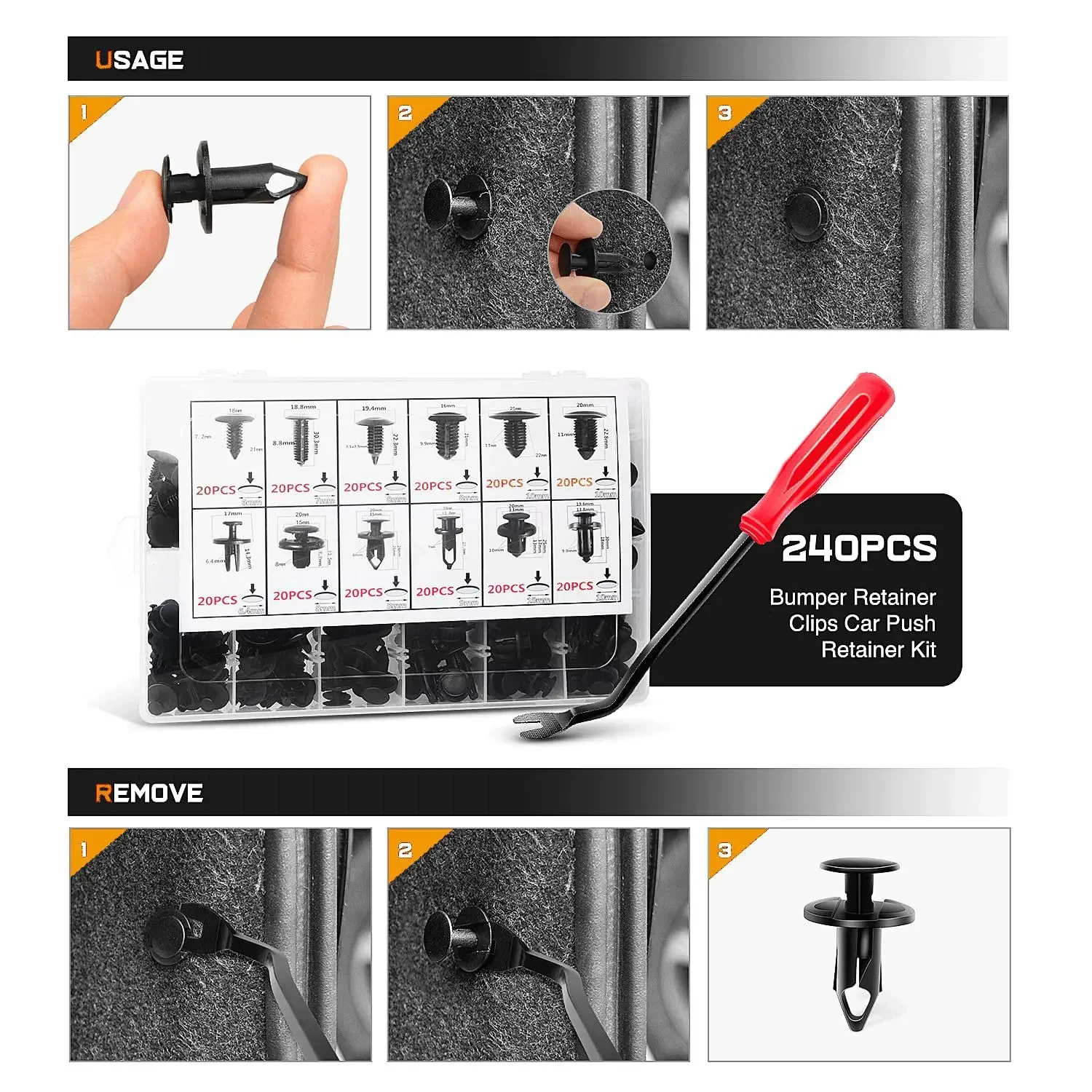 240Pcs Car Fastener Clips Kit 12 Types Auto Bumper Retainer Rivets Push Pin Screws Trim Panel Fasteners for Most Cars
