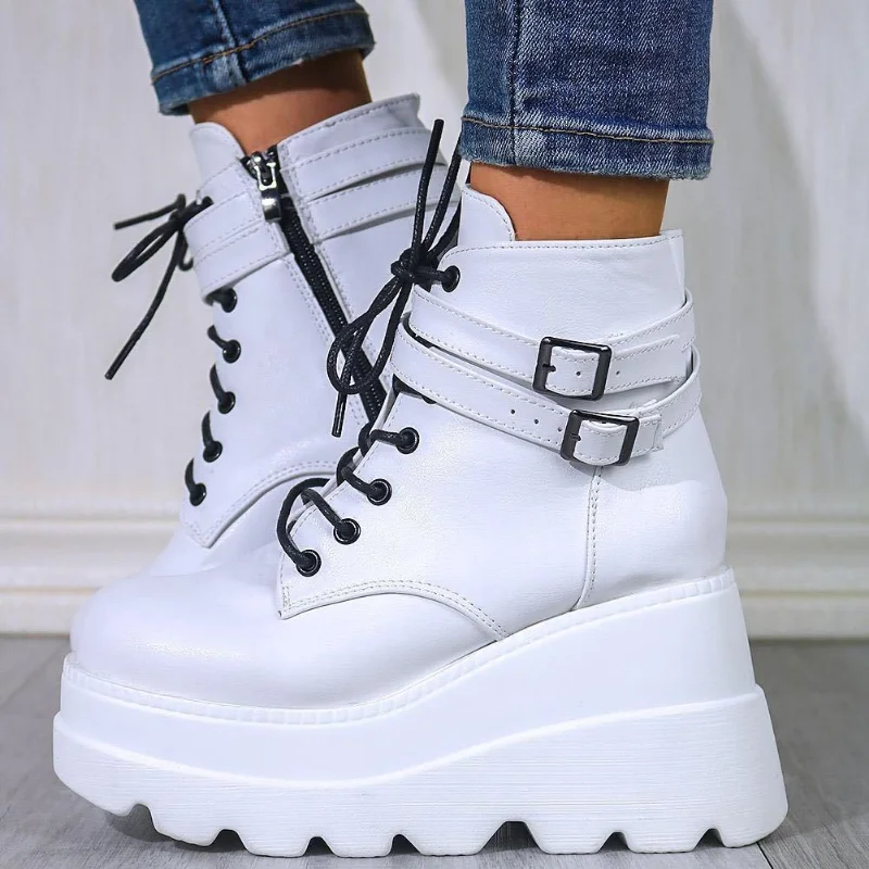 2023 New Spring Autumn Fashion Platform Wedge Boots Ankle Women Punk Style Round Toe Cross Tied Women\'s Boots Botines De Muj