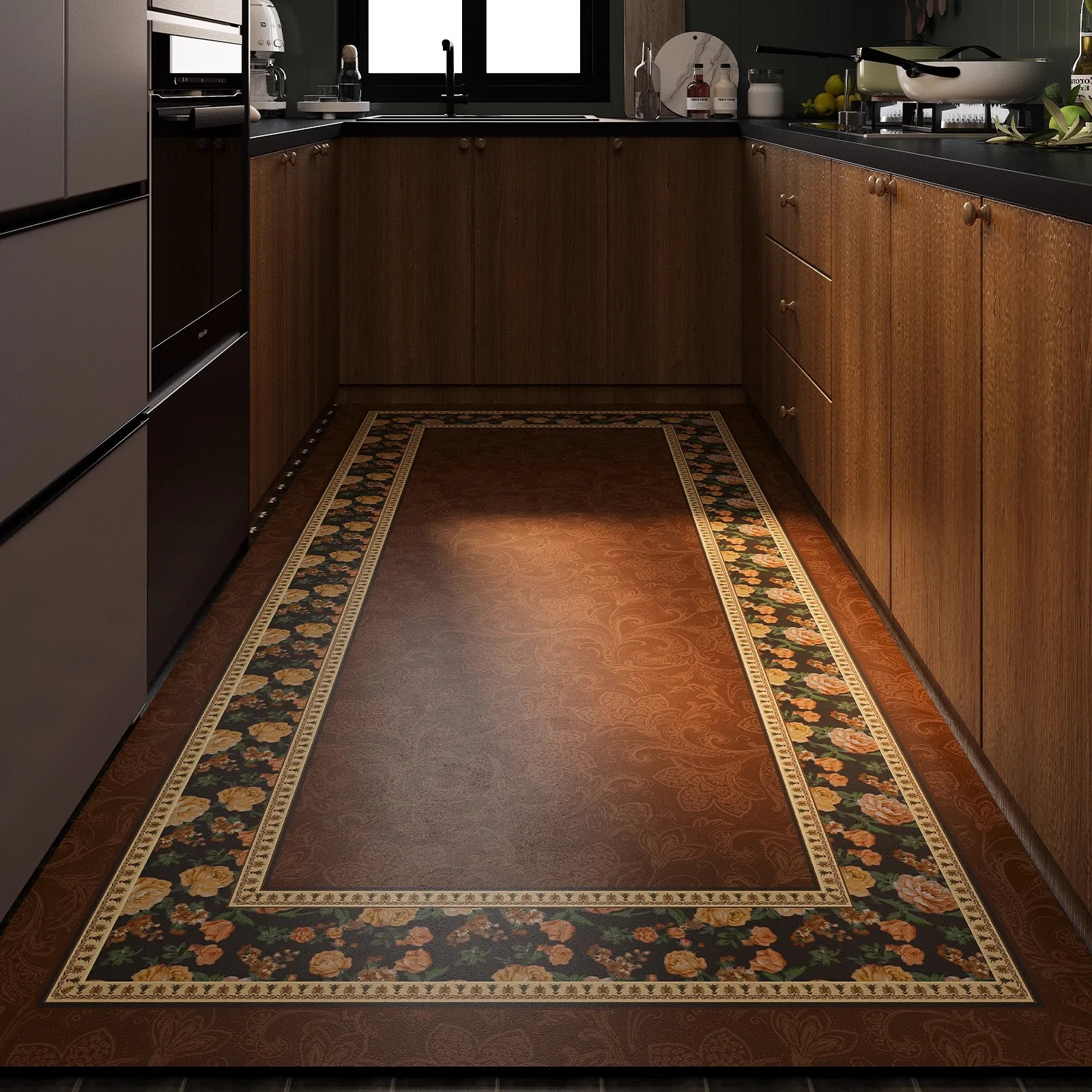 

Kitchen Carpet Waterproof Non-slip Oil-resistant Floor Mat Vintage Floral Pattern Brown Rug Long Rectangular Household Decor Mat