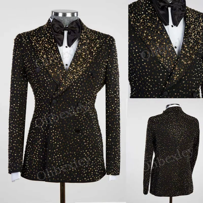 

Luxury Men's Suits 2 Pieces Elegante Customized Beaded Crystals Double breasted Slim Fit Suits Wedding Groom Business Prom