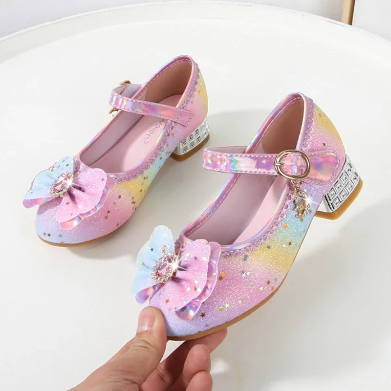 Spring Autumn Rainbow Princess Shoes Fashion Glitter Children Girls Crystal Leather Shoes Sequins Kids High-heels Single Shoes