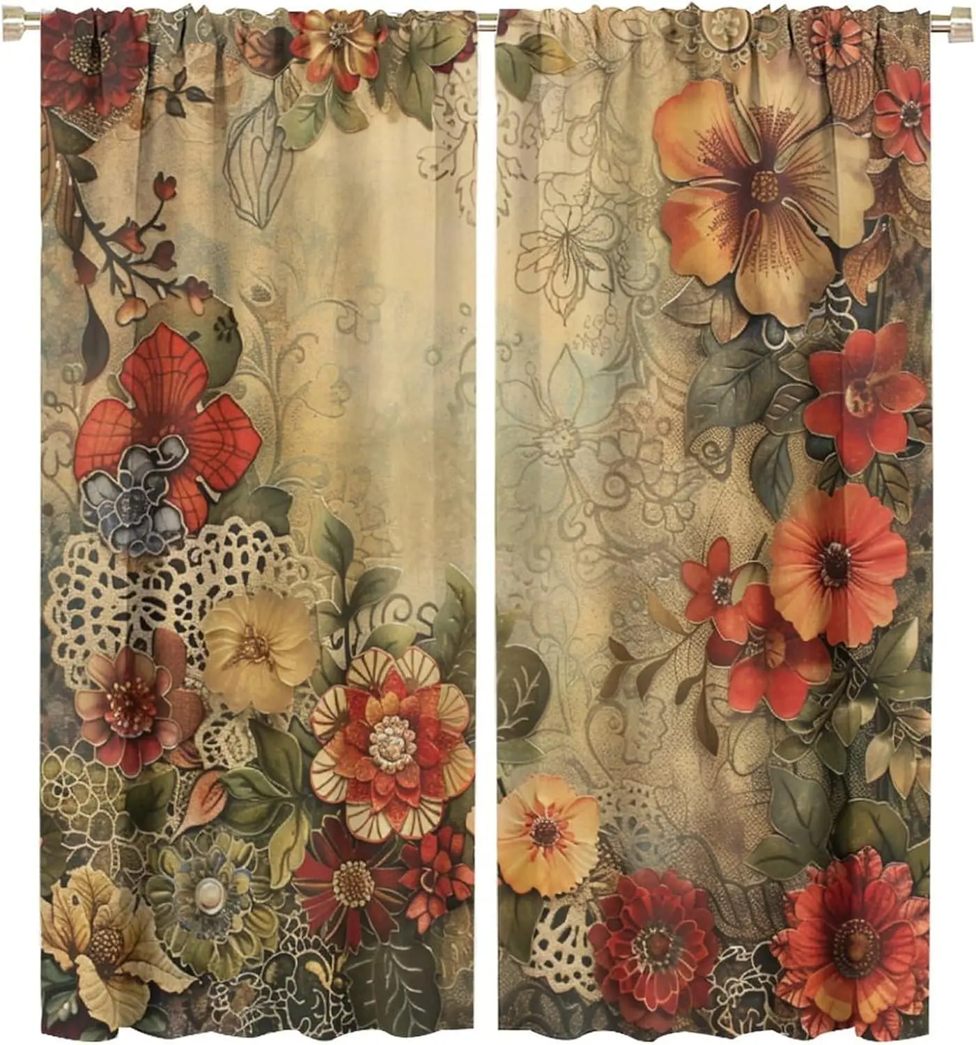 Retro Rustic Botanical Blackout Curtains for Bedroom, Grommet Drapes Thermal Insulated Room Darkening Floral Leaf Farmhouse