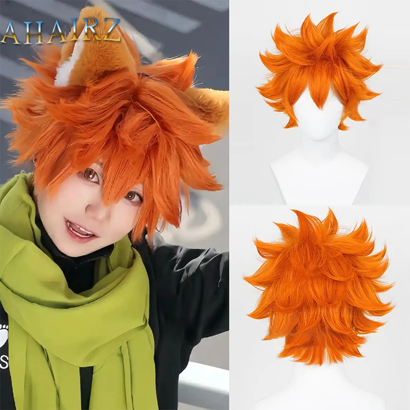 باروكات صناعية قصيرة مجعدة برتقالية مع غرة للرجال، شعر مستعار للحفلات التنكرية، شعر مستعار مقاوم للحرارة