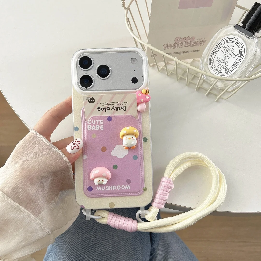 

3D Stereoscopic Mushroom Wallet Card Holder Phone Case For iPhone 11 12 13 14 15 16 17 Pro Max Lovely Soft Cover With Lanyard