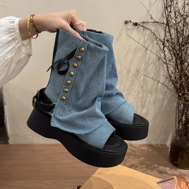 

Джинсовые ботинки во французском стиле с заклепками и открытым носком, римские ботинки с толстой подошвой, узкие ботинки, женская обувь до колена, высокий ретро-стиль, металлический декор