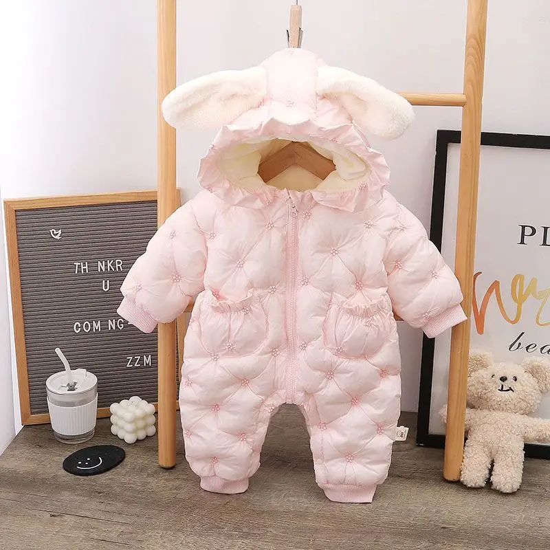 New Winter Thick Keep Warm Boys Girls Rompers Lined With Velvet Cartoon Rabbit Pattern Hooded Bodysuits For 1-3 Years Old Kids
