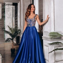 Romantic Royal Blue Satin A Line Evening Dress Sweetheart With 3D Flower Backless Long Prom Gowns For Special Occasion 2022