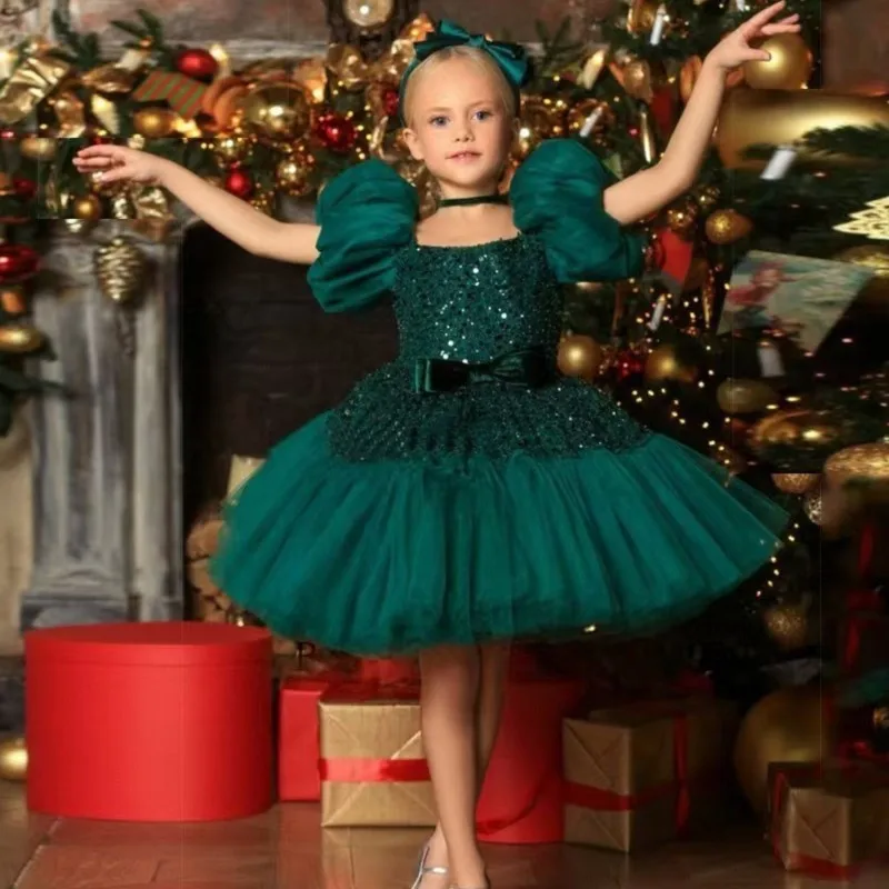 Baby Girl Princess Sequins Dress Puff Sleeve Infant Toddler Child Tulle Vestido Xmas Wedding Birthday Party Baby Clothes 1-14Y