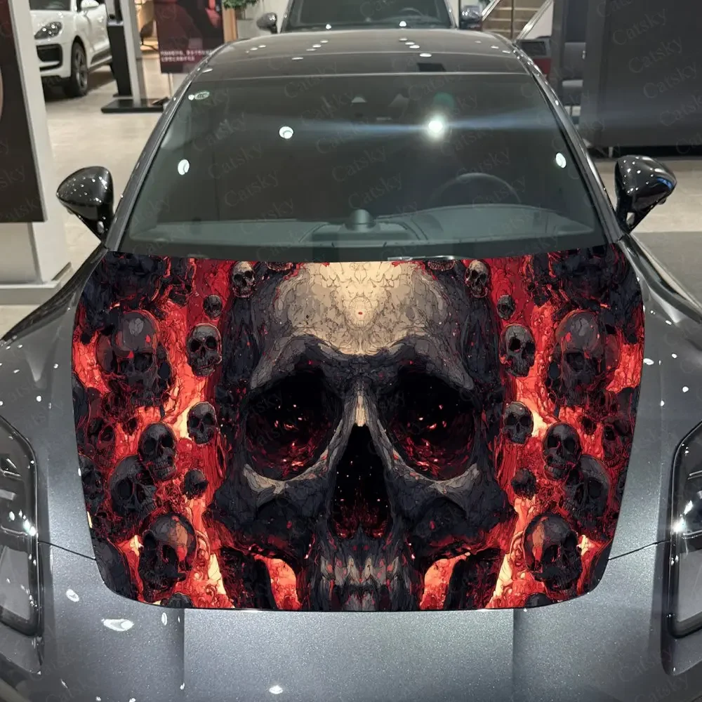 Fire Skull Cluster Pattern PVC Car Hood Wraps, Self-Adhesive Waterproof Car Bonnet Decal Sticker, Car Decoration Protection Stic