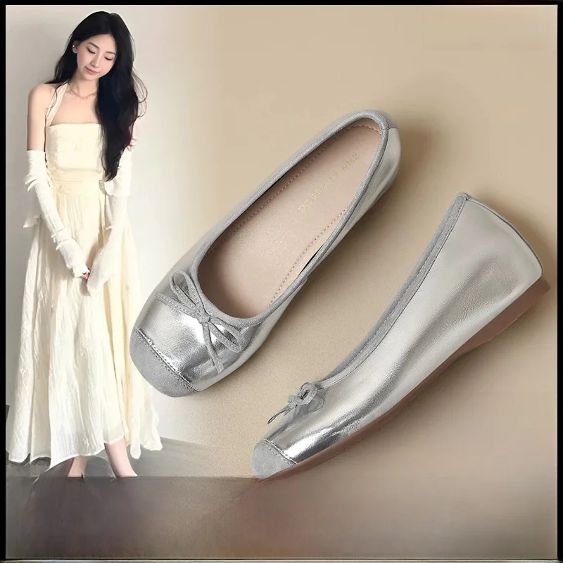 silver-leather-mary-jane-single-shoes-women's-soft-bottom-ballet-shoes-comfortable-all-match-not-tired-foot-summer-new-arrival