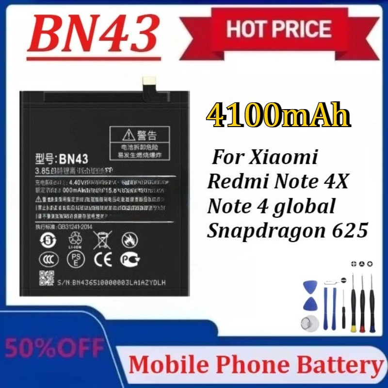 

Upgraded BN43 Battery 4100mAh for Xiaomi Redmi Note 4X / Note 4 Global Snapdragon 625 High Quality Batteries +Tools
