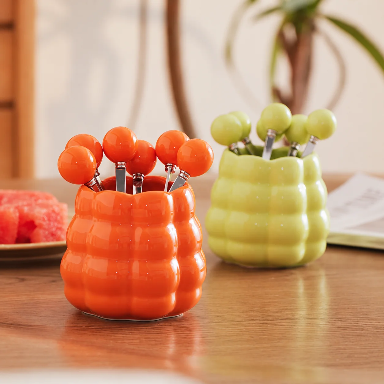 Stainless Steel Fruit Forks Rounded Ceramic Utensil Holder Dessert Fork Set Colorful Flatware Set For Cake Serving Dessert