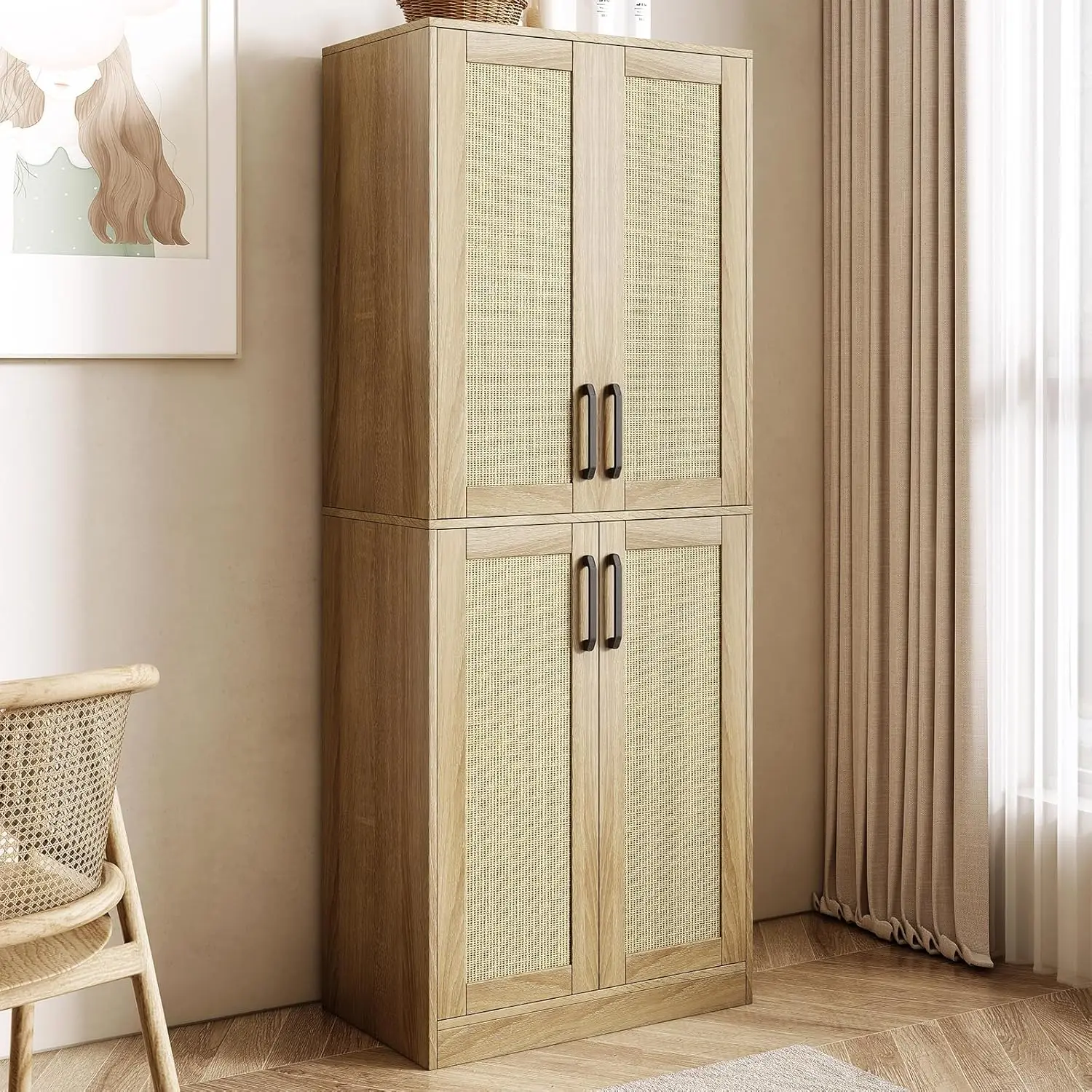 

Tall Storage Kitchen Pantry Cabinet, Freestanding with 4 Rattan Doors and Adjustable Shelves for Dining Living Room Laundry Room