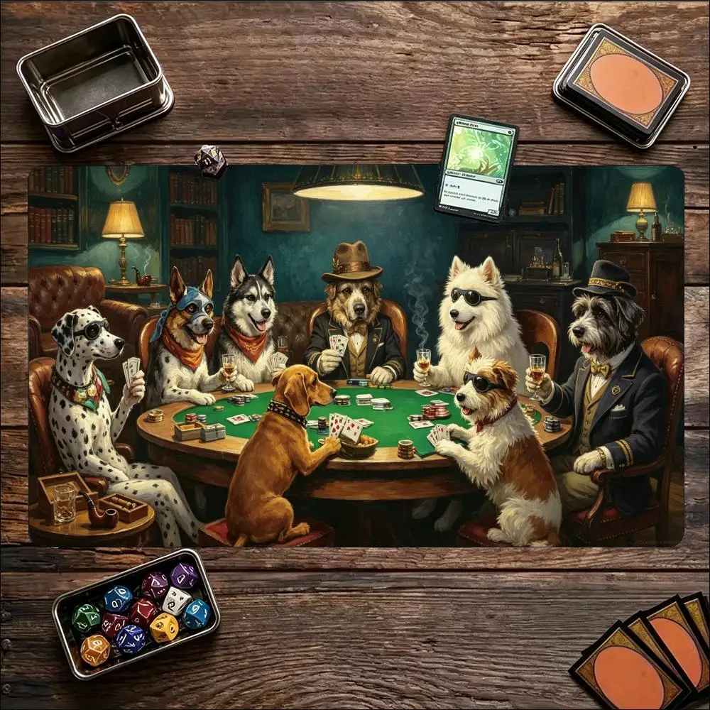 Large Extended TCG Gaming Mat Dog Poker Casino Oversized Table Mat HD Print Non-Slip Rubber Base Vivid Colors Casino Dog Gang