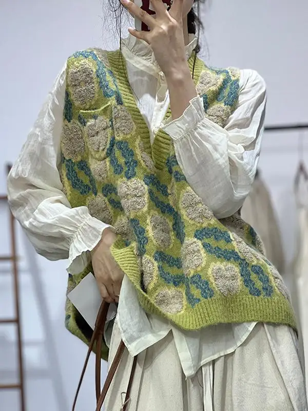 

Свободный вязаный жилет с V-образным вырезом для женщин, с художественным цветочным принтом, повседневный, удобный, для города