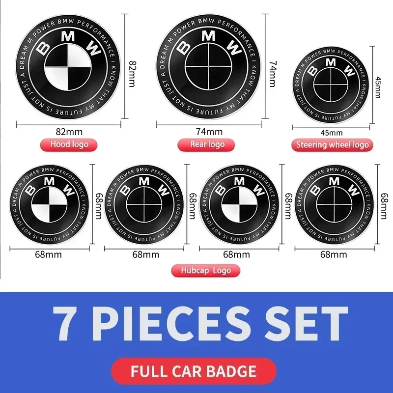 7 шт., 45 мм, 68 мм, 74 мм, 82 мм, эмблема переднего капота автомобиля, значок задней багажника, руль для BMW M F30 G01 E36 E39 E87 E46 E90 E92 E53 E94