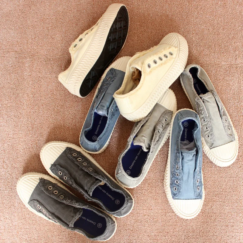 Washed Canvas Slip-On Shoes Women's Low Top Fashionable Vintage Hong Kong Style Rubber Sole Comfortable Breathable Footwear