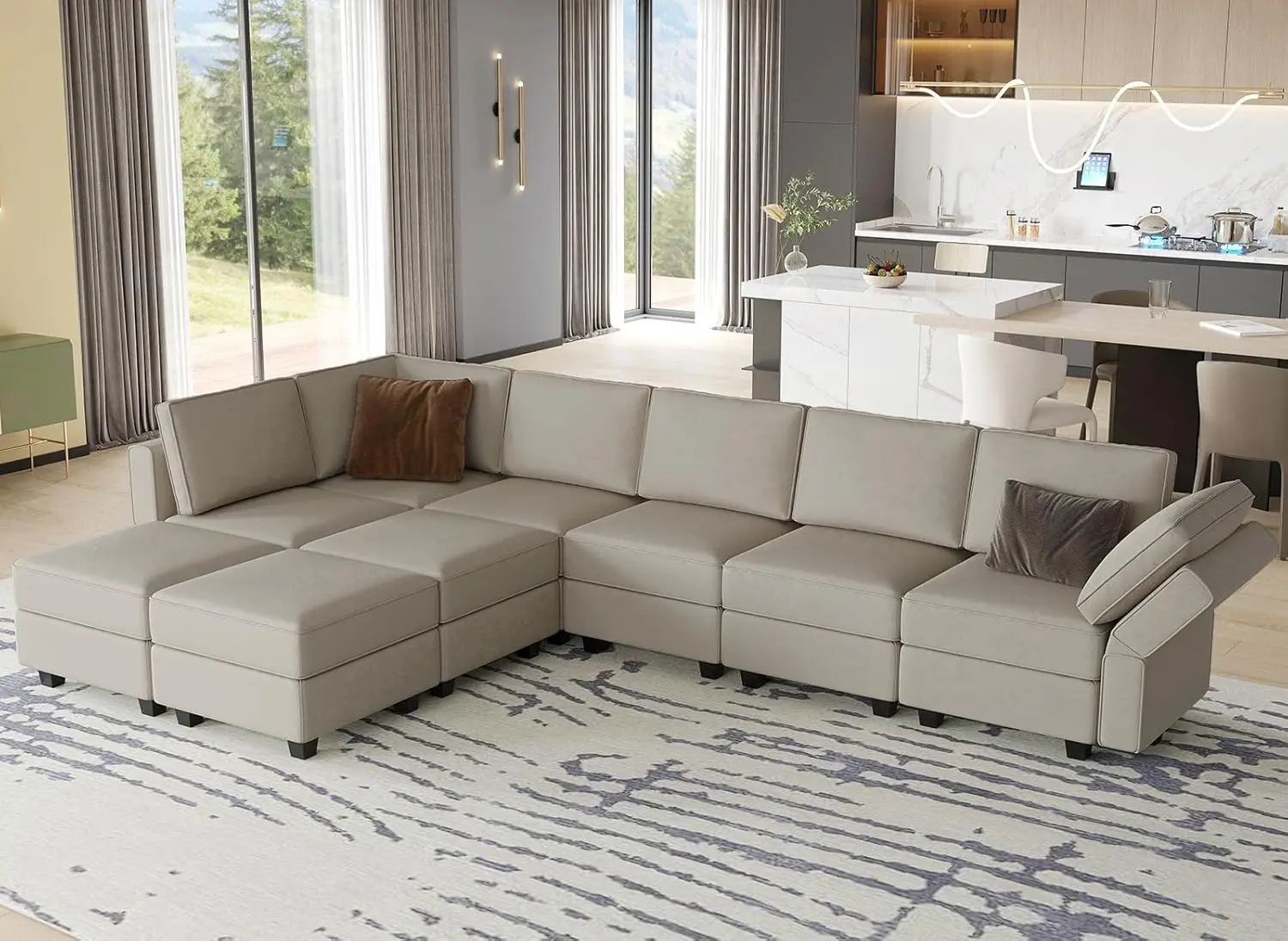 Modular Sectional Couch with Reversible Double Chaises Velvet L Shaped Convertible Sectional Sofa with Storage Grey