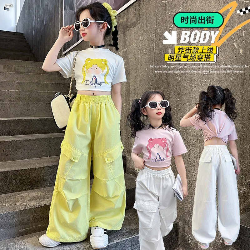 

Летний свободный повседневный комплект со штанами для девочек-подростков, футболка с короткими рукавами, топ + штаны-карго, костюм из 2 предметов, детская одежда, наряды для детей 4–14 лет