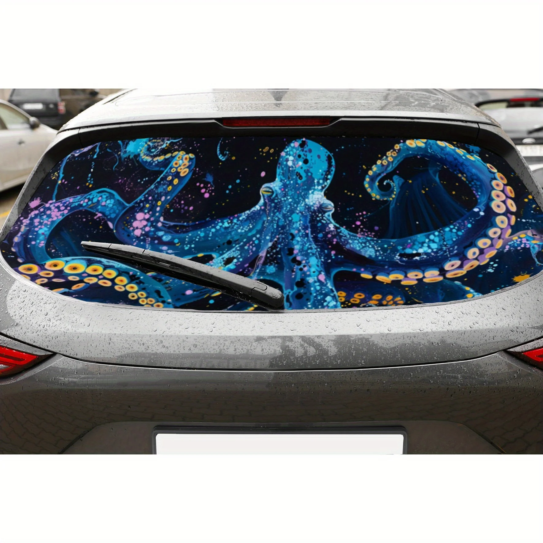 Colorful Octopus Under Starry Sky Car Rear Window Vinyl Wraps, Waterproof Self-adhesive Car Vinyl Wraps, Surface Protection, Per