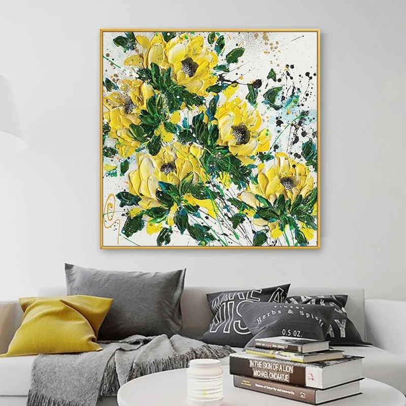 

100% Hand Painted New Textured Design Oil Painting Home Wall Decoration Yellow Flower Art Canvas Picture Living Room Decorative