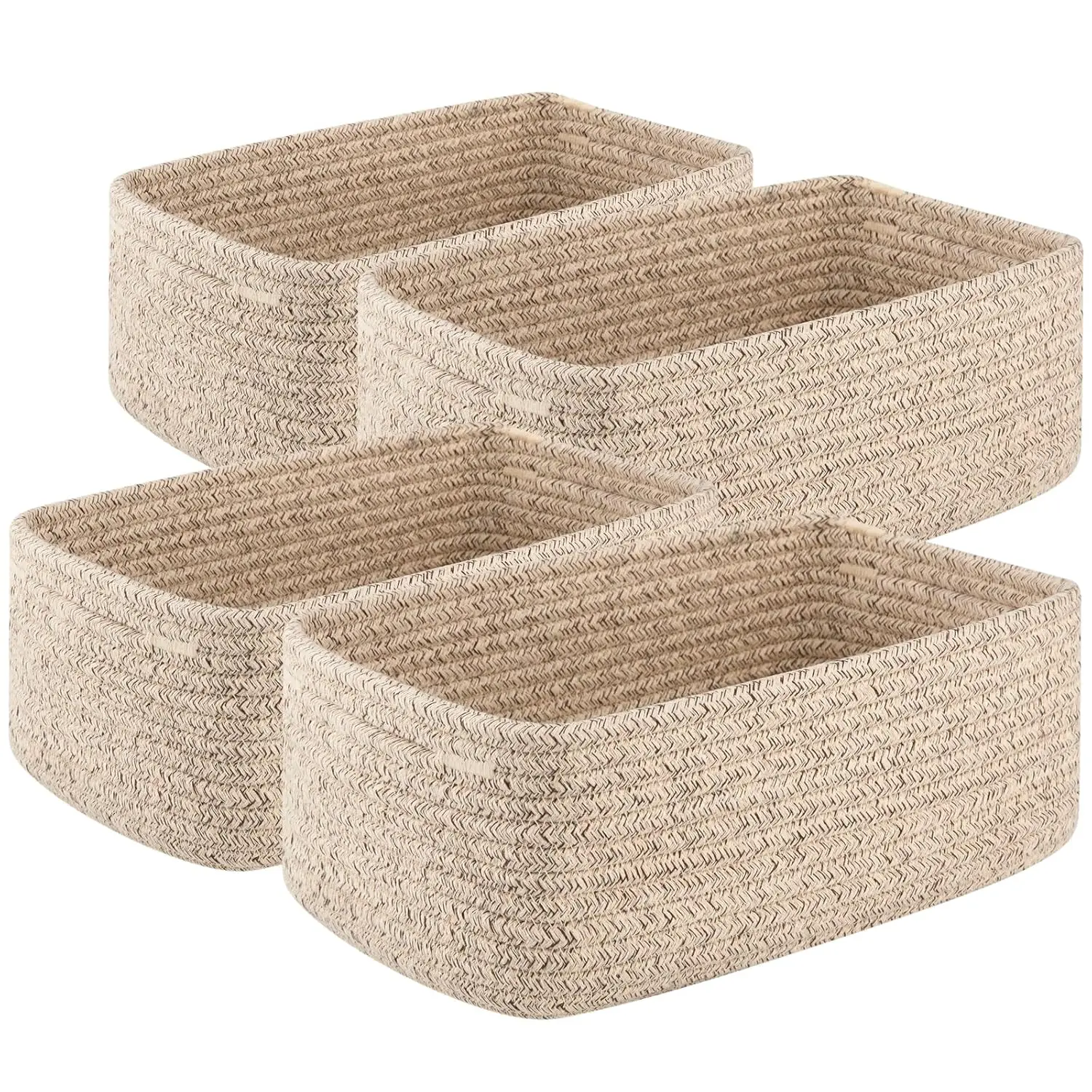 

Four Small Woven Rope Storage Baskets Mini Towel Closet Nursery Organizer Brown