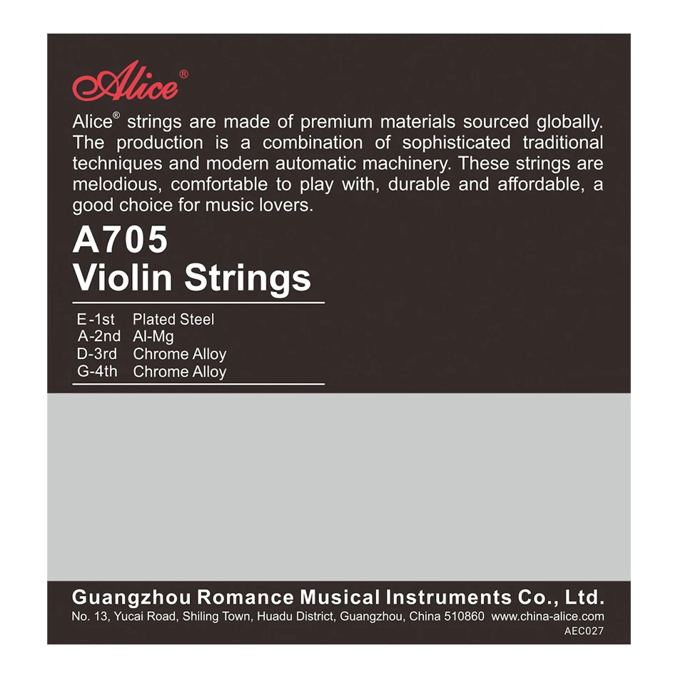 Alice A705 Violin Strings Set Stainless Steel Chrome Alloy Winding Steel Core 4 Strings/ Set for 4/4,3/4,1/2,1/4,1/8
