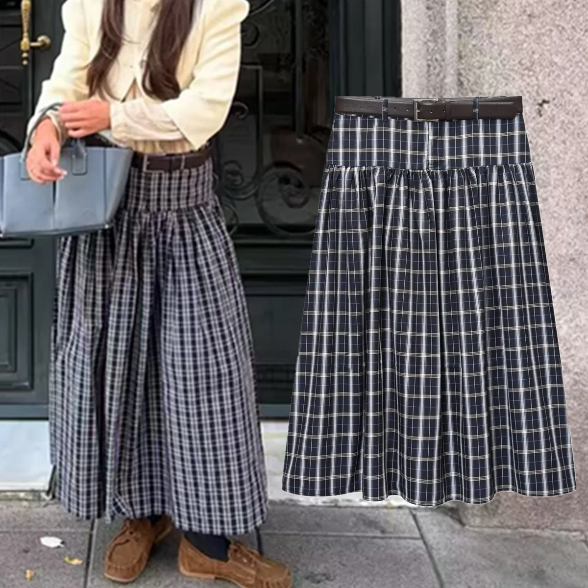 Dave&Di 2026 Spring Ins Fashion Blogger Retro Checked Skirts With Belt Skirt Woman Clothing High Waist Midi Faldas Skirts