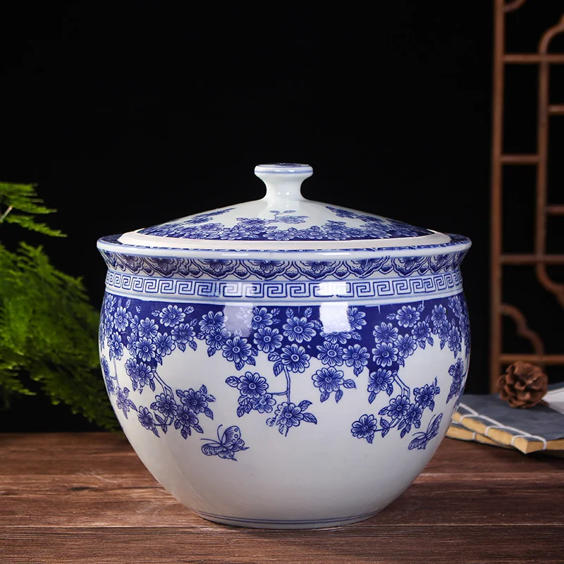 Jingdezhen Rice Jar Ceramic Cap Household 10kg 20kg Rice Bucket Moisture proof Rice Storage Box Sealed Pickled Vegetable Jar Sur