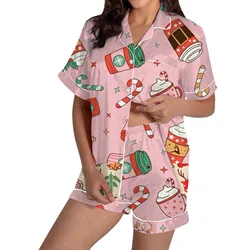 Ladies Christmas Pajamas Snow Happy Printed Silk Satin Short Sleeve Button Top Pajama Set Sleepwear Lounge Wear Pyjamas Femme