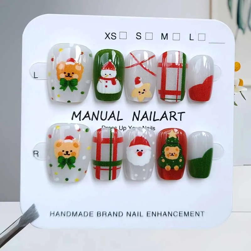10Pcs Christmas False Nails Full Cover French Style Manicure Cute Gingerbread Man Santa Claus Press on Nails Nail Art Nail Patch