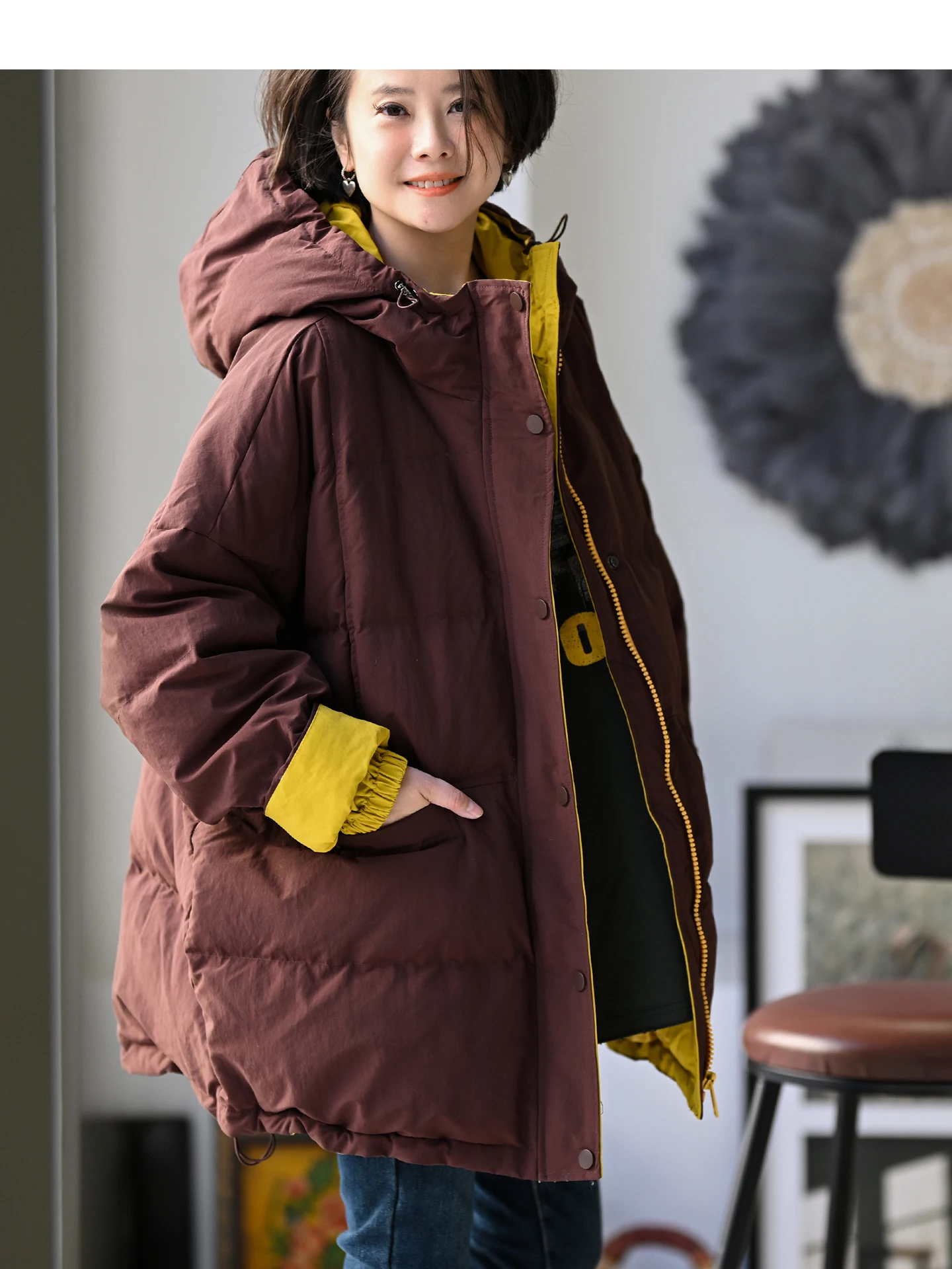 

Корейская утепленная зимняя пуховая куртка для женщин, повседневная, с капюшоном, на двойной молнии, теплая, средней длины, из пухового материала