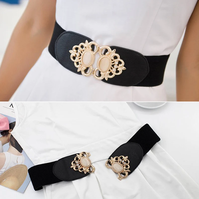 Fashion 1PC Metallic Retro Wide Ladies PU Leather Women Belt lady Elastic Waistband Stretch Cinch Dress Narrow Waist Belt Band