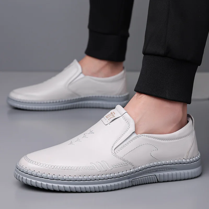 Comfortable Men's White Leather Slip-On Dress Shoes Handmade Stitching Soft Sole Casual Driving Loafers for Office & Daily Wear