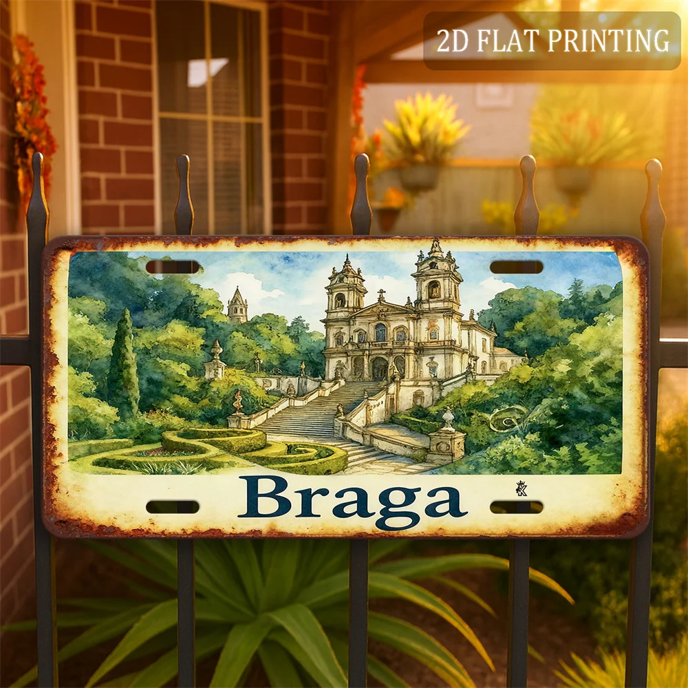 1pc, 2D Flat Portuguese Braga Sanctuary Landscape Aluminum Sig, Suitable for Wall, Garden Outdoor Decoration