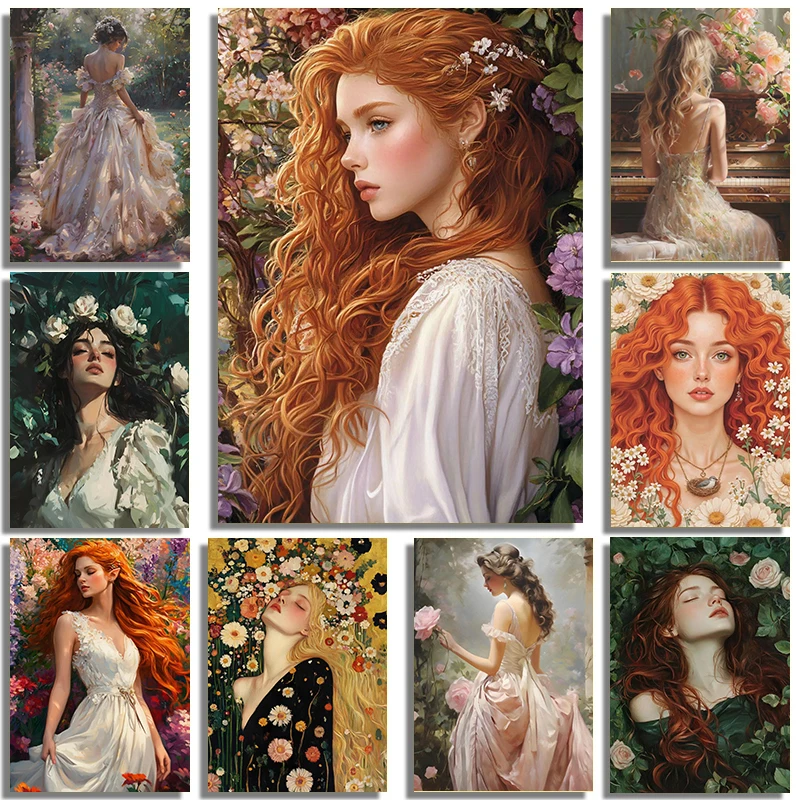 Romantic And Elegant Rose Garden Girl Art Portrait Poster Canvas Paint Oil Paint Print Bedroom Sofa Background Wall Decoratio