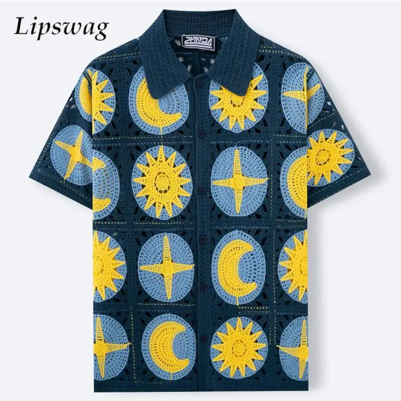 

Лето 2022, пляжные повседневные рубашки, мужские вязаные кардиганы с короткими рукавами и вышивкой, мужские сексуальные прозрачные рубашки с вырезами