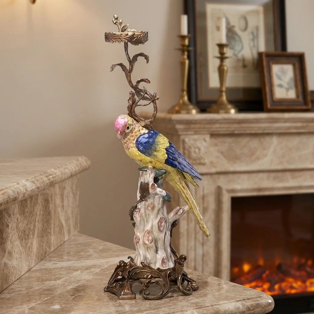 &c Home Desktop Decorative Ornaments Tree Stubs Parrot European French Luxury Porcelain with Copper Candle Holder