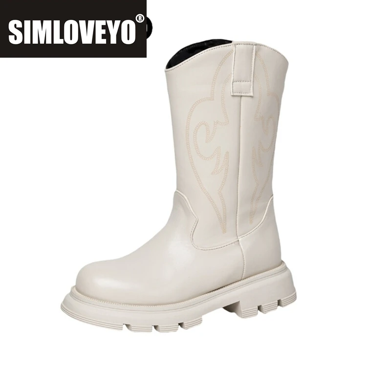 

SIMLOVEYO 2024 British Style Boots Vintage Slip On 4.5cm Heel Faux Leather Embroidered Big Size 44 US13 Cowboy Wide Leg