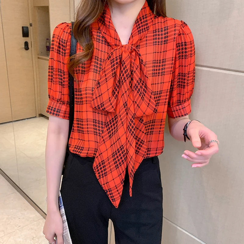 2024 Summer New Fashion Short Sleeve Top Red Plaid Shirt Women's Lace-up Chiffon Blouse