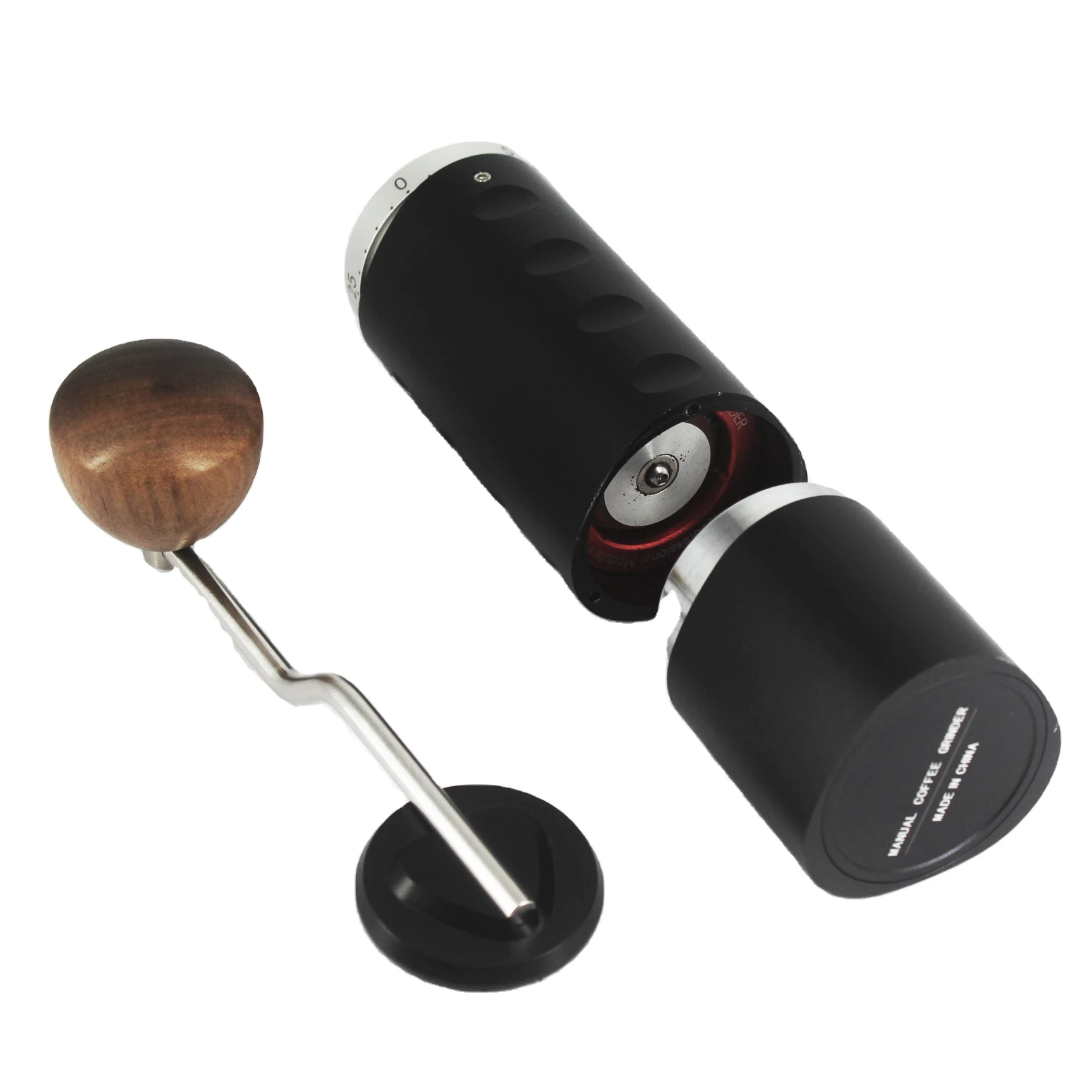 

Manufacture Customized Portable Espresso Aluminium Alloy Coffee Mill with Walnut Knob Steel Burr Manual Coffee Grin