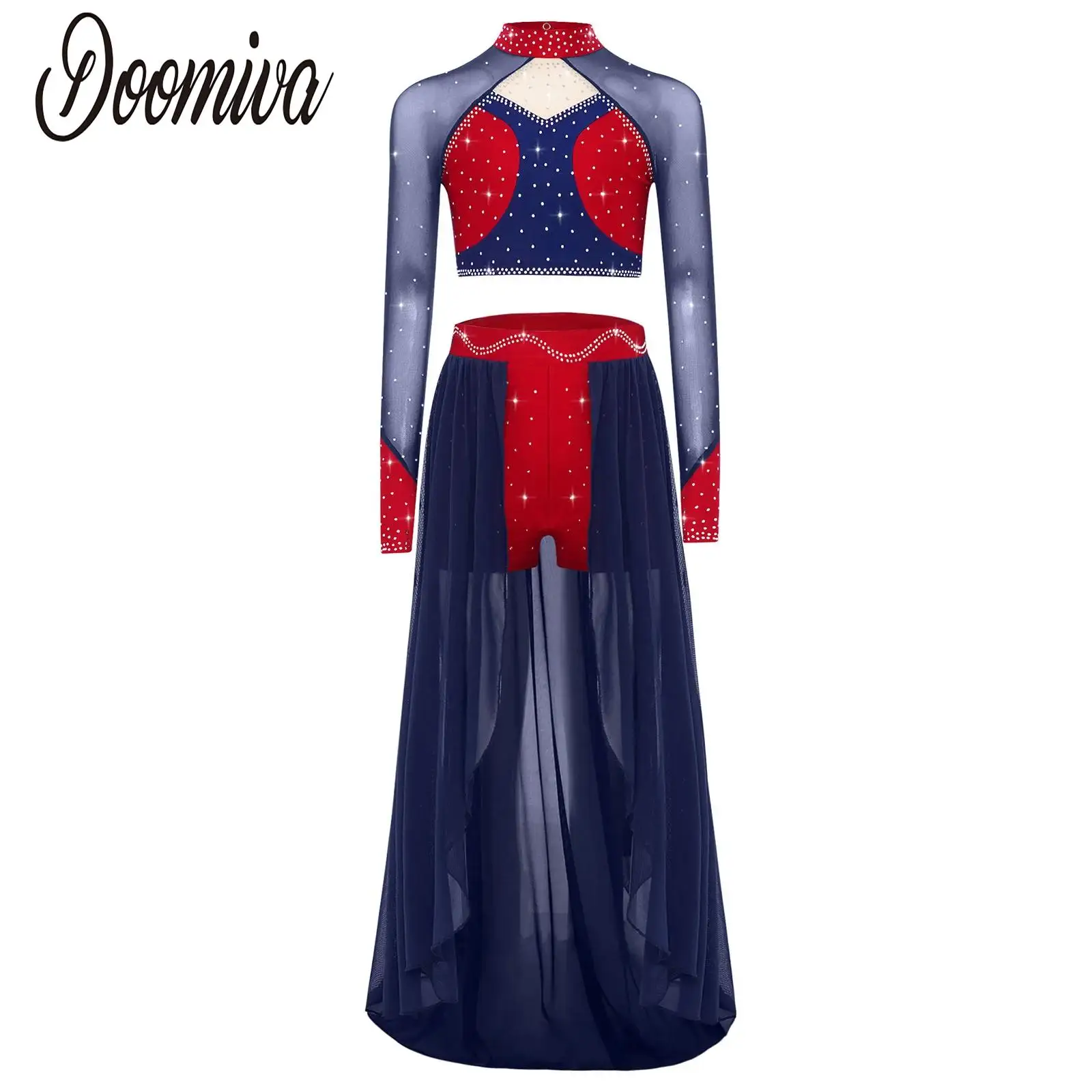 

Kids Girls Lyrical Dance Costume Modern Contemporary Dance Dresses Long Sleeve Rhinestones Crop Top and Sheer Mesh Shorts Skirts