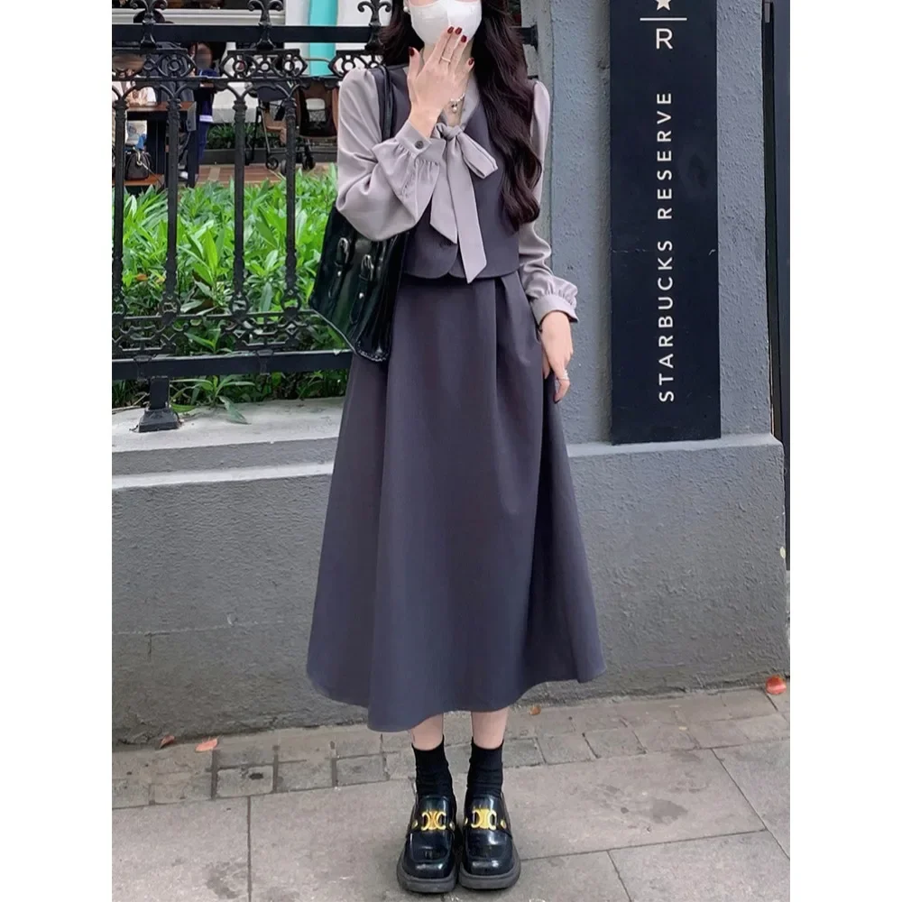 Vintage Long Sleeves Elegant Butterfly Bow Collar Chic Fake Two-piece Slim Dresses French High Street Autumn Plus Size Clothing