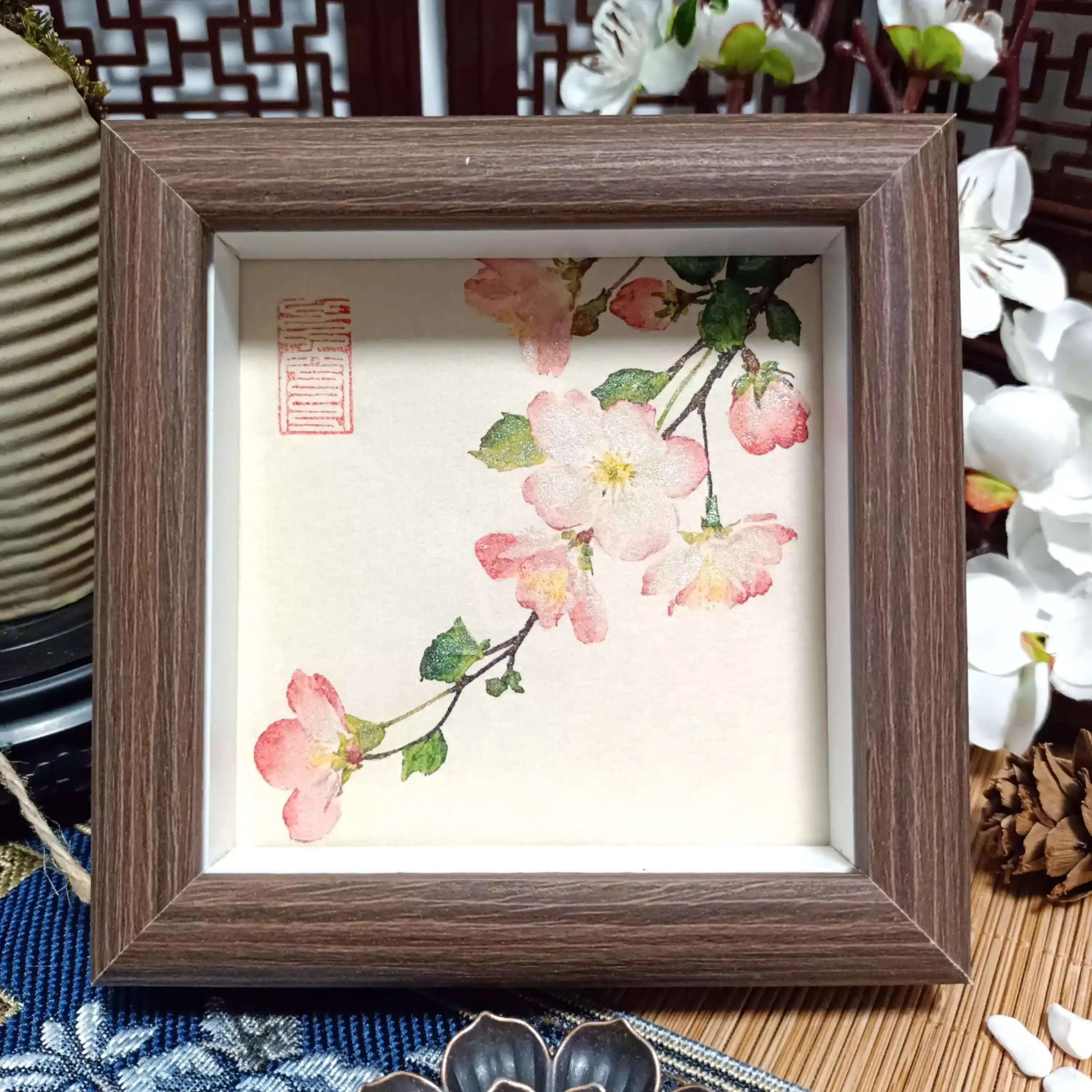 Pure Hand Drawn Chinese Painting, Small Swing Table, Crabapple Flower Decoration,sparkling Pearl Light Painting