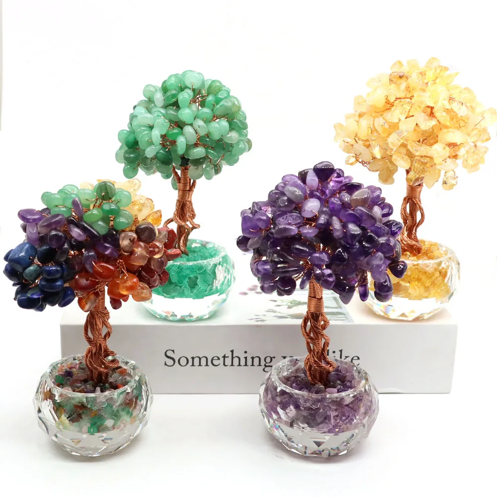 140mm Natural Gemstone Crystal Fortune Tree Ornament Feng Shui Money Trees With Gravel Stones for Office Home Lucky Decoration